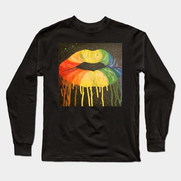 Pop Art Graphic Design Drippy Kissing Lips Be Happy Rainbow Long Sleeve T-Shirt by tamdevo1